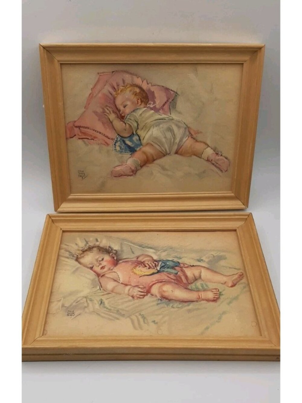 VTG 2 Framed Nursery Art Sleeping Baby Picture 7 x 9 Maud Tousey Fangel Antique